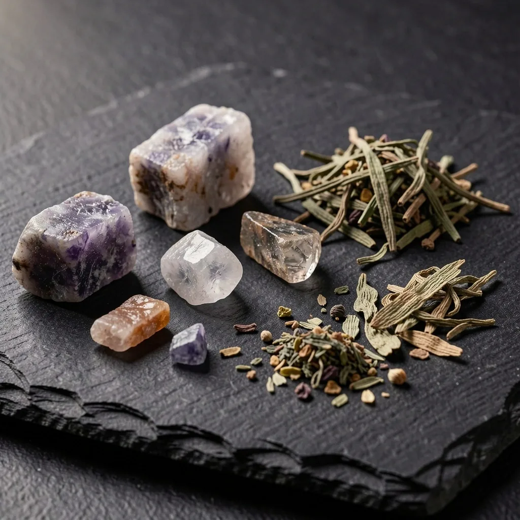 Flat lay of natural supplement ingredients on dark stone