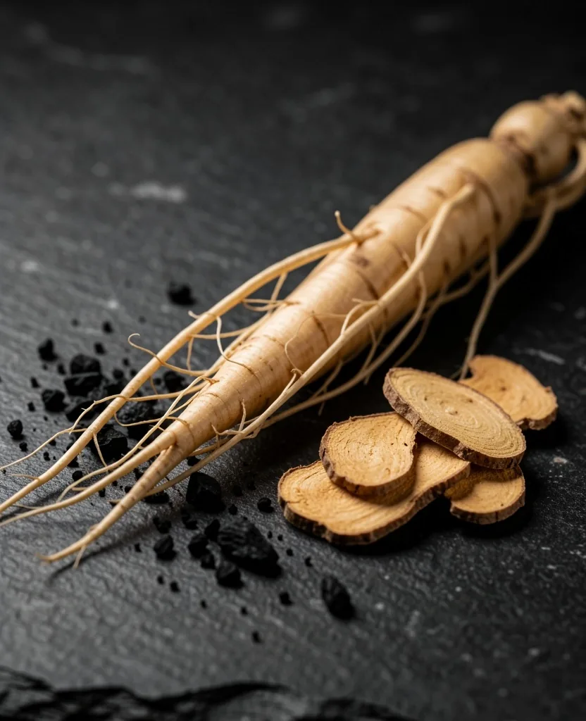 Macro photography of natural botanical ingredients including ginseng root and ginger