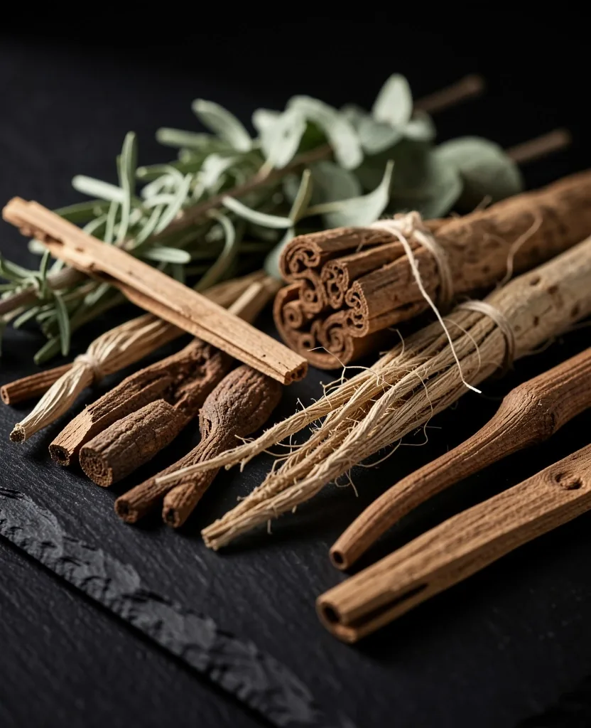 Dried botanical roots arranged on dark stone