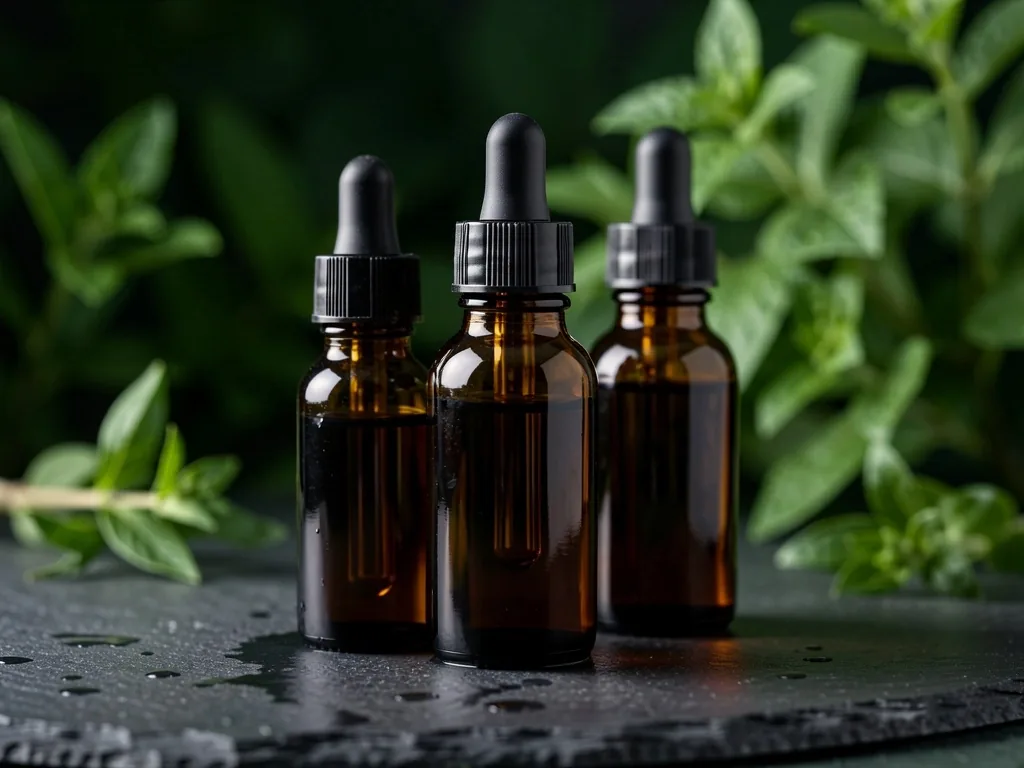 Liquid extract bottles on stone surface