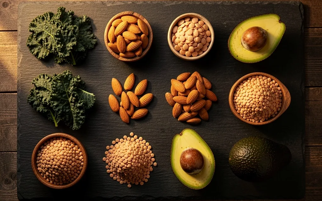 Foods rich in B-complex vitamins arranged on dark surface
