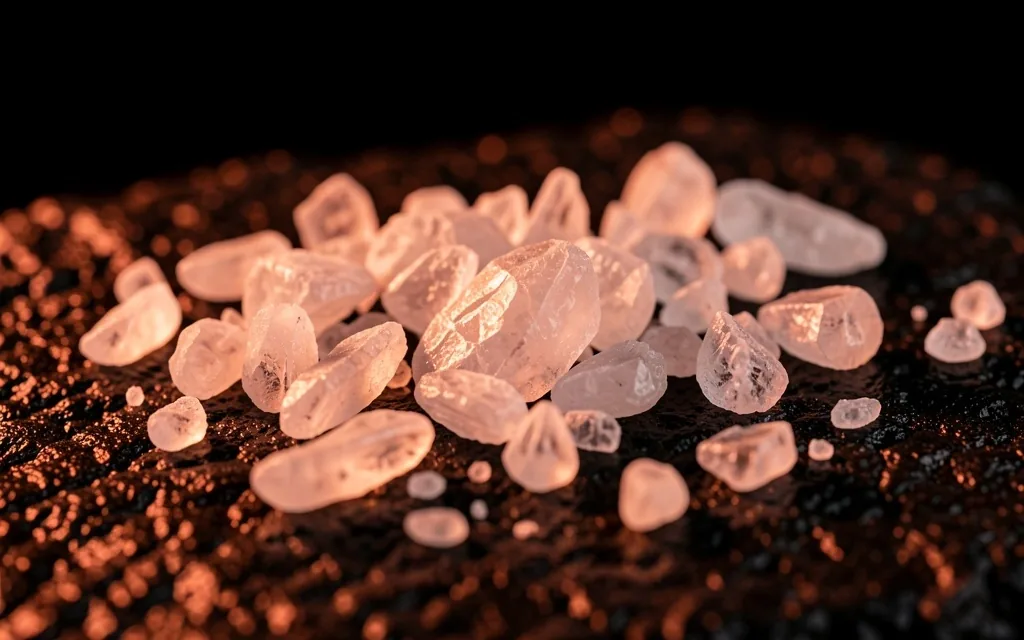Magnesium crystal formations on dark stone