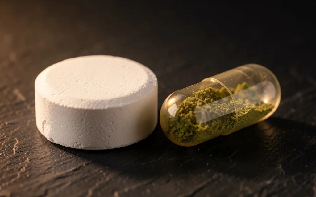 Tablet and capsule formats compared on dark surface